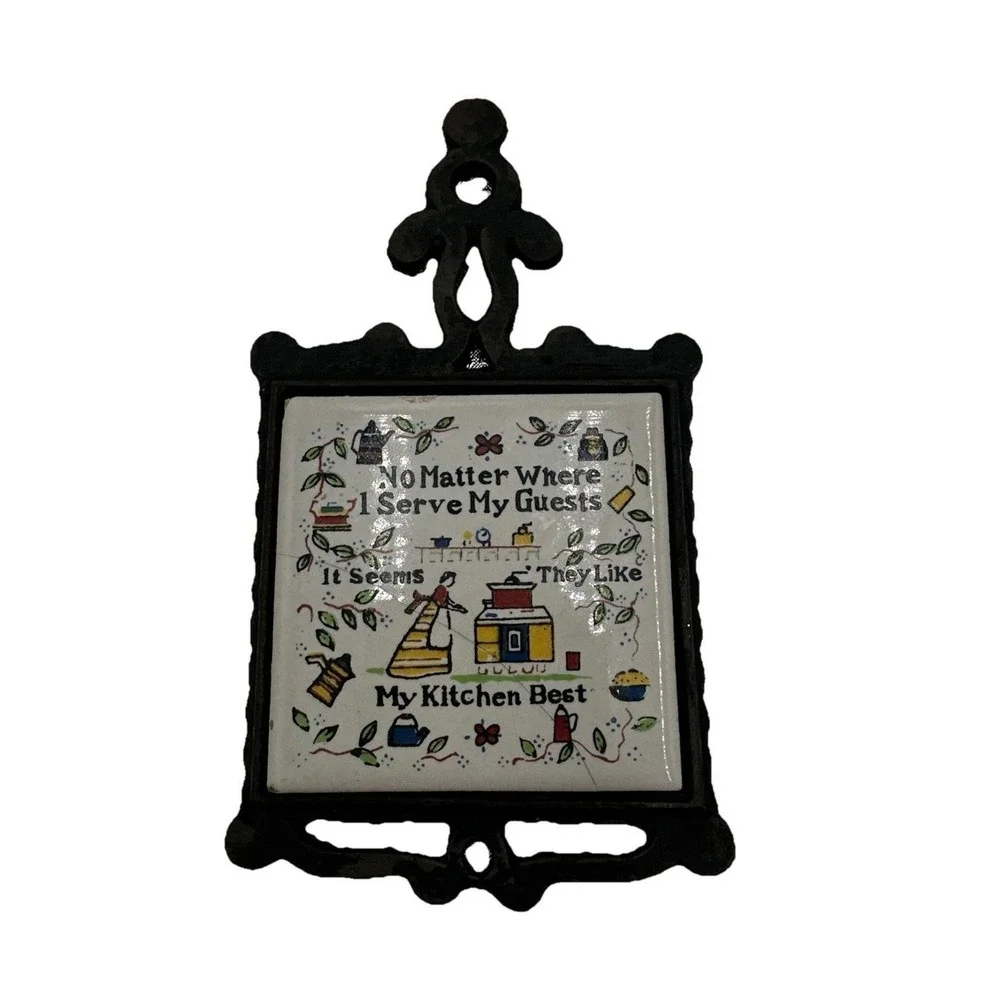 Vintage Cast Iron Trivets with Tile Inserts God Bless Our‎ Home Kitchen